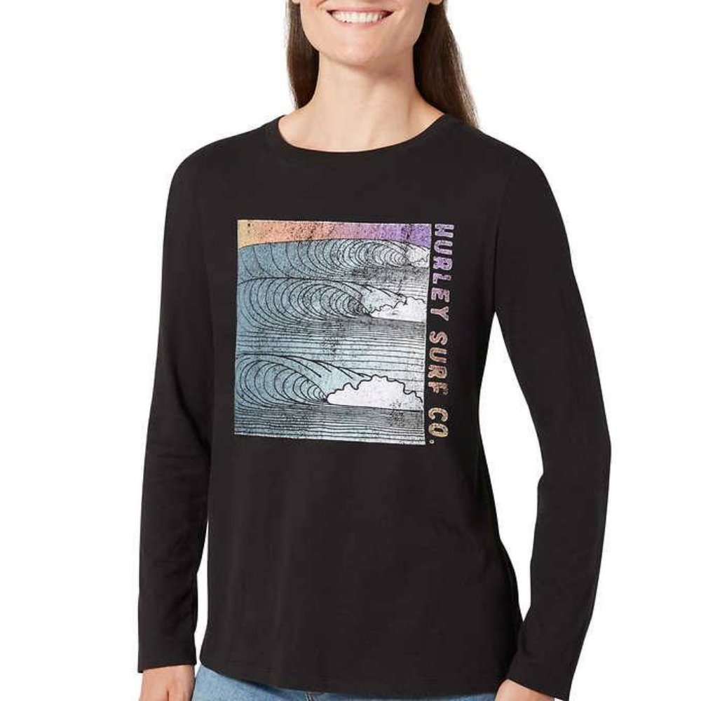 NWT Hurley Women's Long Sleeve Graphic Crew Neck Tee Black Size M $60 Z949